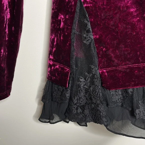 Karen Kane Long Sleeve Luxe Velvet Lace Chiffon Inset Berry Purple Top Size M - Picture 6 of 7